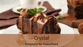  Presentation with cake - PPT theme featuring piece of chocolate cake background and a coral colored foreground