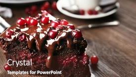  Presentation with tea cake - Cool new presentation theme with piece of chocolate cake with cranberries on shovel and cup of tea on wooden table closeup backdrop and a tawny brown colored foreground