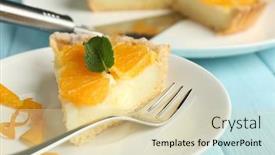  Presentation with color orange - Theme with piece of homemade orange tart on plate on color wooden background background and a lemonade colored foreground