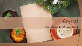  Presentation with snow tree - Slide deck consisting of piece of paper for christmas wishes coffee cup muffins and snow xmas tree top view with space for your text background and a coral colored foreground