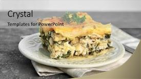  Presentation with piece of the pie - Beautiful slide deck featuring piece of tasty spinach lasagna backdrop and a light gray colored foreground