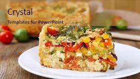  Presentation with cheese pie - Amazing PPT theme having piece of vegetable pie with broccoli peas tomatoes and cheese on plate on wooden background backdrop and a gold colored foreground