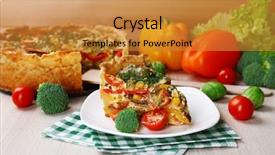  Presentation with cheese pie - Beautiful presentation theme featuring piece of vegetable pie with broccoli peas tomatoes and cheese on plate on wooden background backdrop and a gold colored foreground