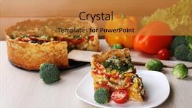  Presentation with cheese pie - Audience pleasing presentation consisting of piece of vegetable pie with broccoli peas tomatoes and cheese on plate on wooden background backdrop and a gold colored foreground