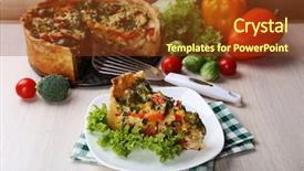  Presentation with cheese pie - Cool new presentation with piece of vegetable pie with broccoli peas tomatoes and cheese on plate on wooden background backdrop and a tawny brown colored foreground