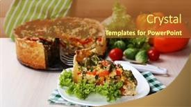  Presentation with cheese pie - Slide deck featuring piece of vegetable pie with broccoli peas tomatoes and cheese on plate on wooden background background and a red colored foreground