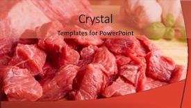  Presentation with meat beef - Beautiful presentation design featuring pieces meat - raw beef on wooden cutting backdrop and a coral colored foreground