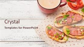  Presentation with grilled - Audience pleasing PPT theme consisting of pieces of bread with cheese and meat on grilled crusty bread on wooden background backdrop and a lemonade colored foreground