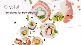  Presentation with frozen - Presentation consisting of pieces of delicious japanese sushi frozen in the air isolated on white background background and a sky blue colored foreground