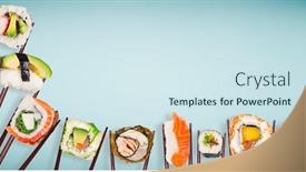  Presentation with pastel color - Audience pleasing slides consisting of pieces-of-delicious-japanese-sushi backdrop and a sky blue colored foreground