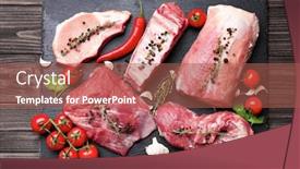  Presentation with fresh meat - Theme enhanced with pieces of different fresh meat on kitchen table background and a red colored foreground