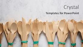  Presentation with cutlery - Presentation design having pieces-of-disposable-wooden-cutlery background and a  colored foreground