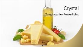  Presentation with olive oil bottle - Colorful slide set enhanced with pieces of fresh parmesan cheese backdrop and a white colored foreground