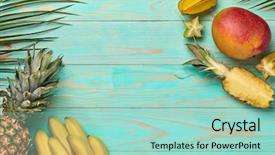  Presentation with leaves flat lay - Cool new slides with pieces of juicy exotic fruit backdrop and a mint green colored foreground