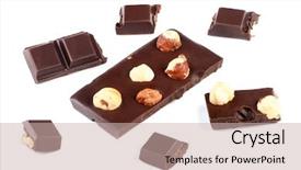  Presentation with nuts milk - Cool new presentation theme with pieces of milk chocolate bar with nuts isolated on white backdrop and a soft green colored foreground