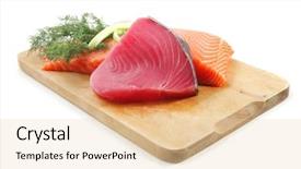  Presentation with fish tuna - Amazing PPT theme having pieces of salmon and tuna backdrop and a lemonade colored foreground