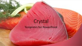  Presentation with fish tuna - Beautiful PPT theme featuring pieces of salmon and tuna backdrop and a coral colored foreground