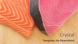  Presentation with fish tuna - PPT theme enhanced with pieces of salmon and tuna fish on wooden plate isolated on white background background and a coral colored foreground