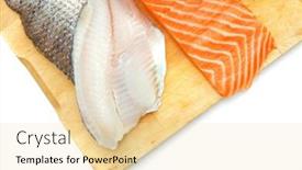  Presentation with fish tuna - Colorful presentation enhanced with pieces of salmon red tuna and sole fish on wooden plate isolated on white background backdrop and a lemonade colored foreground