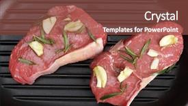  Presentation with olive oil - Slides having pieces of striploin steak that have been marinated with garlic rosemary and olive oil in a grill-pan ready to cook background and a tawny brown colored foreground