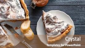  Presentation with banana cake - Colorful PPT theme enhanced with pieces pie - delicious banana cake on table backdrop and a coral colored foreground