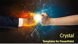  Presentation with fire fighting - Amazing slide deck having two hands fighting and breaking glass into small pieces with fire and water concept backdrop and a wine colored foreground