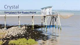  Presentation with fishing net - Audience pleasing PPT theme consisting of pier-with-fishing-net-gironde backdrop and a sky blue colored foreground