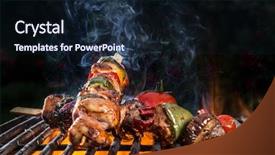  Presentation with pig - Slide deck featuring pig chicken - grilled skewers and vegetables garden background and a wine colored foreground