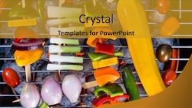  Presentation with pig - PPT layouts with pig chicken - grilled skewers and vegetables garden background and a  colored foreground