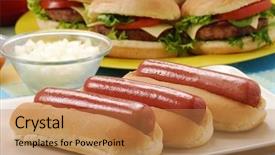  Presentation with fast food - PPT layouts having dog pig - couple hotdogs hamburgers and ingredients background and a coral colored foreground