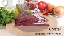  Presentation with liver - Presentation theme consisting of pig iron - raw liver on wooden board background and a lemonade colored foreground