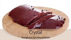  Presentation with liver - Slide set having pig iron - raw liver on wooden board background and a coral colored foreground
