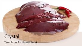  Presentation with liver - PPT theme enhanced with pig iron - raw liver on wooden board background and a coral colored foreground