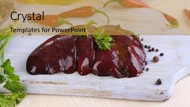  Presentation with liver - Colorful PPT theme enhanced with pig iron - raw liver on wooden board backdrop and a gold colored foreground