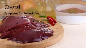  Presentation with liver - Slide deck enhanced with pig iron - raw liver on wooden board background and a coral colored foreground