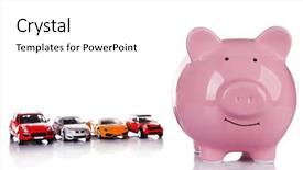  Presentation with pig - Slide set with pig moneybox and toy cars isolated on white background and a white colored foreground