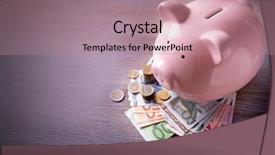  Presentation with pig - Presentation design enhanced with pig moneybox with euro banknotes and coins on wooden background background and a coral colored foreground
