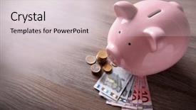  Presentation with pig - Audience pleasing slides consisting of pig moneybox with euro banknotes and coins on wooden background backdrop and a lemonade colored foreground