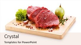  Presentation with steaks - Audience pleasing PPT theme consisting of pig roast - fresh raw steaks on wooden backdrop and a lemonade colored foreground