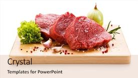  Presentation with sliced fresh papaya on wooden - Presentation design consisting of pig roast - fresh raw steaks on wooden background and a coral colored foreground