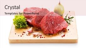  Presentation with steaks - Colorful presentation theme enhanced with pig roast - fresh raw steaks on wooden backdrop and a lemonade colored foreground