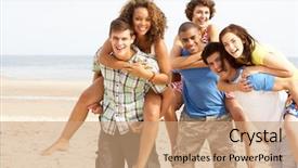  Presentation with girl running on the beach clouds - Presentation enhanced with piggy back - group of friends running along background and a coral colored foreground