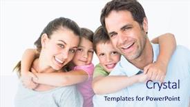  Presentation with smiling kids at summer camp - Slide set with piggy back - smiling young family looking background and a sky blue colored foreground