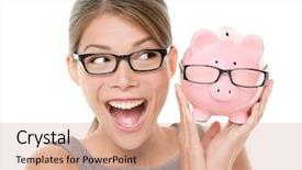  Presentation with woman piggy bank isolated - Presentation enhanced with piggy bank - save money on glasses eyewear background and a coral colored foreground