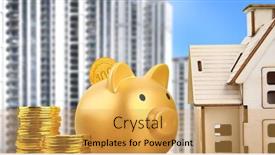  Presentation with high rise building - PPT theme enhanced with piggy-bank-and-coins background and a yellow colored foreground