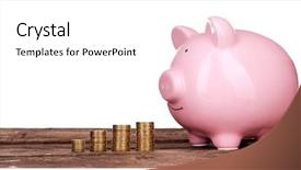 Presentation with piggy bank - PPT layouts having piggy bank and coins on wooden table against white background background and a white colored foreground
