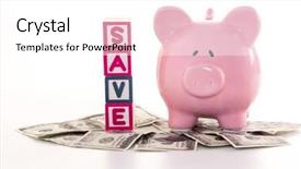  Presentation with save - Beautiful PPT theme featuring piggy bank beside save blocks on dollars on white background backdrop and a white colored foreground