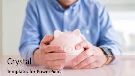  Presentation with piggy bank - PPT theme featuring piggy bank carefully saving money background and a coral colored foreground