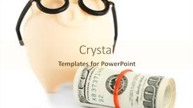  Presentation with bank - Presentation theme enhanced with piggy bank in glasses with rolled dollars isolated on white background and a cream colored foreground