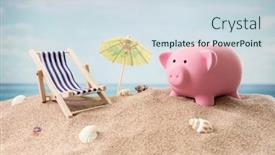  Presentation with accounting financial bank banking account - Colorful presentation enhanced with piggy-bank-on-beach-vacation backdrop and a sky blue colored foreground